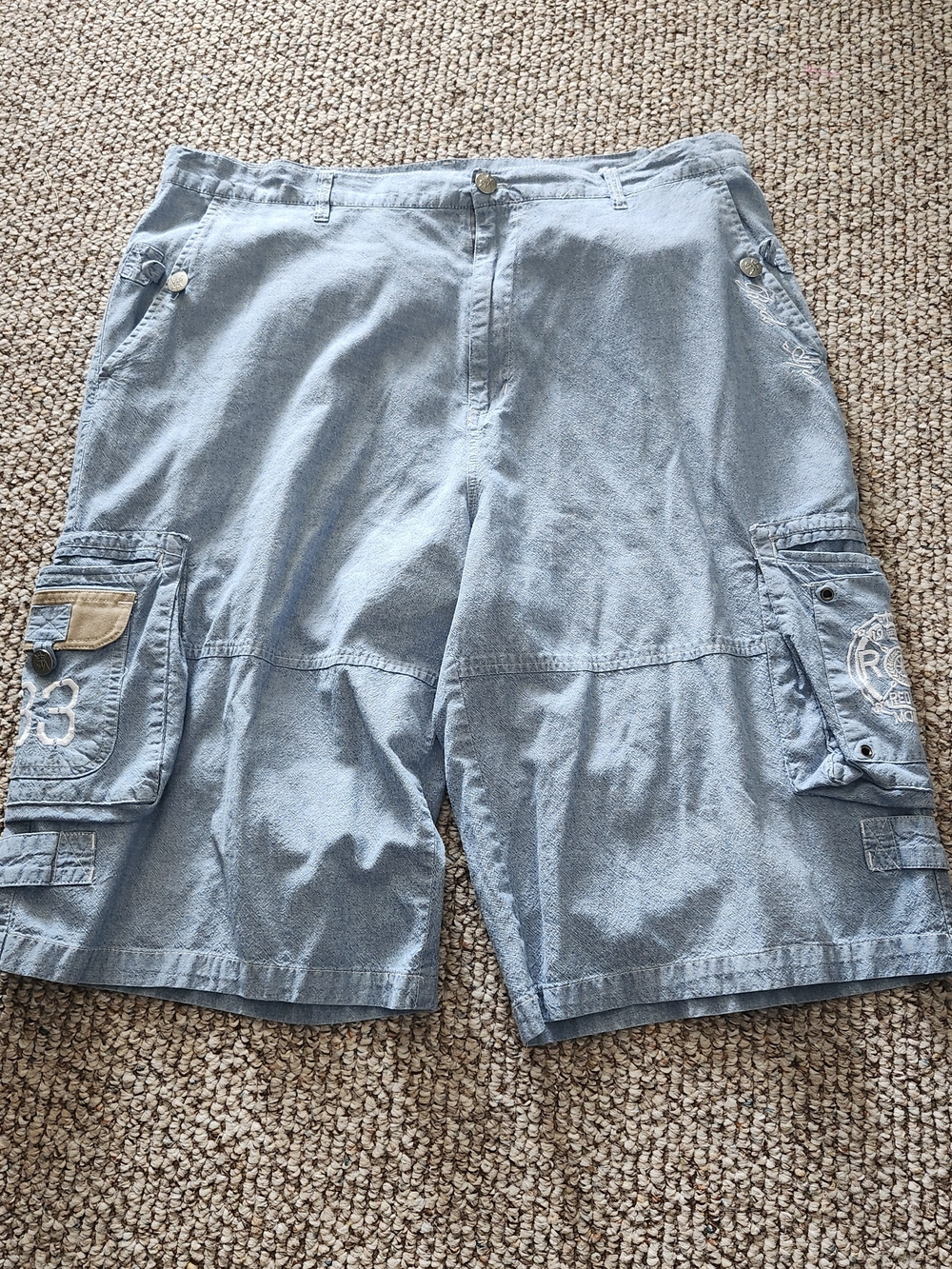 Vintage Red Ape Baggy Denim Cargo Shorts Jorts Light Blue Y2K Streetwear Mens 38